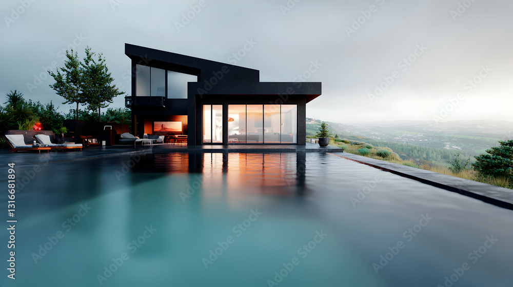 Modern residence features pool with expansive views of surrounding landscapes Modern residence features pool with expansive views of surrounding landscapes