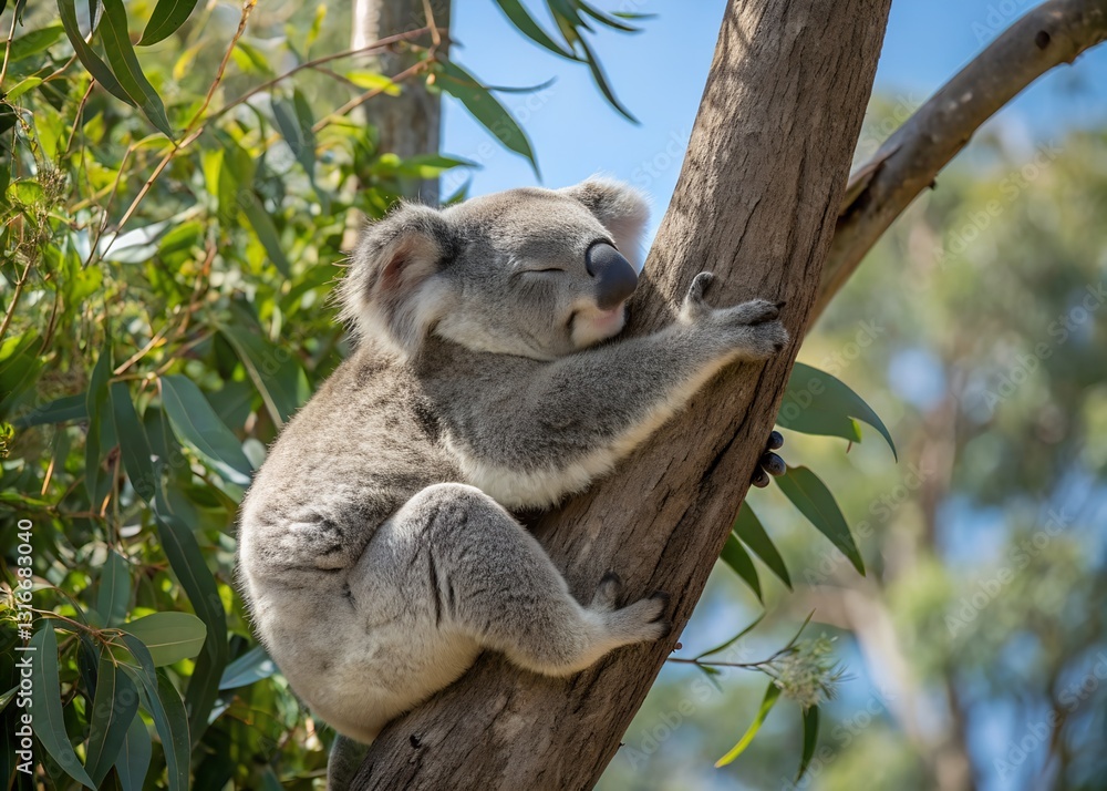 Obraz premium Sleeping Koala Clinging to Eucalyptus Tree