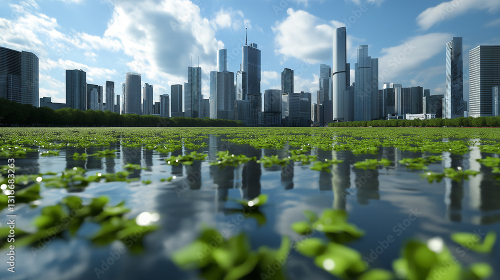 A serene landscape where dense, bright green algae float on water beneath a sprawling metropolis, visually bridging laboratory innovation with large-scale clean energy implementati A serene landscape where dense, bright green algae float on water beneath a sprawling metropolis, visually bridging laboratory innovation with large-scale clean energy implementati