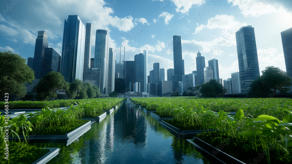 Obraz premium A panoramic cityscape where bioreactors fueled by algae stand in the foreground, their rich green hues contrasting with the modern skyline, representing the biofuel revolution.