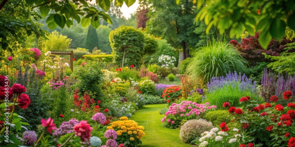 Overgrown foliage with vibrant blooms amidst a tranquil atmosphere of nature's splendor and serenity , nature, serene garden Overgrown foliage with vibrant blooms amidst a tranquil atmosphere of nature's splendor and serenity , nature, serene garden