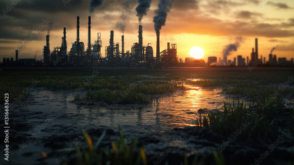 An industrial-to-green transition scene where old fossil fuel plants fade in the background while a thriving algae-based energy source takes center stage in the foreground. An industrial-to-green transition scene where old fossil fuel plants fade in the background while a thriving algae-based energy source takes center stage in the foreground.