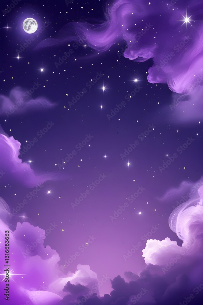 Fototapeta premium Mystical Purple Gradient Sky with Moonlight, Stars, and Dreamy Clouds Phone Wallpaper