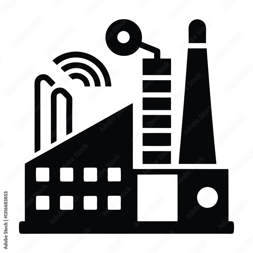Obraz premium A black and white silhouette of a factory with a wifi signal and a chimney stack. Digital networks Graphic resource for design