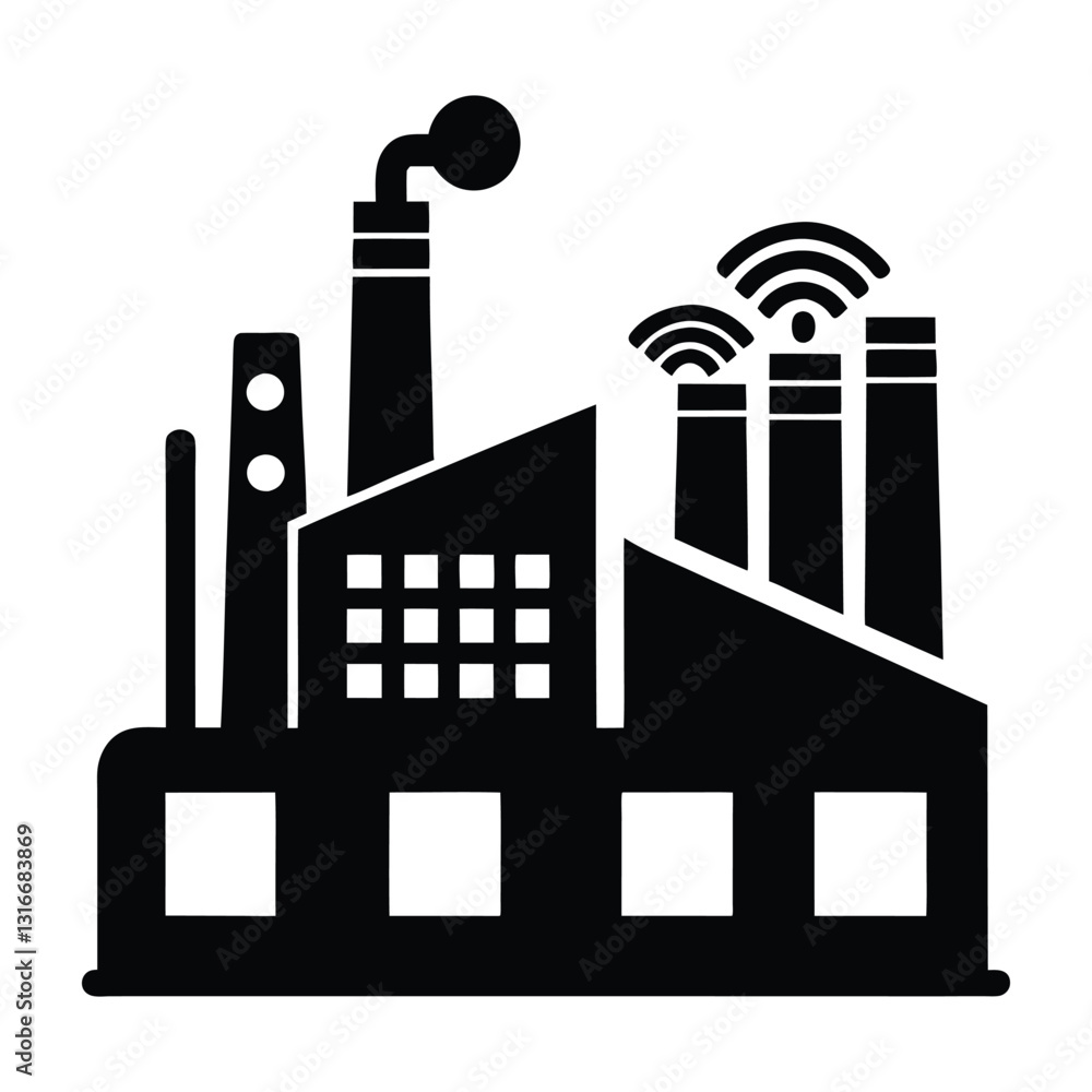 Obraz premium A silhouette of a factory with a chimney and wifi signal on a white background. Digital networks Graphic resource for design