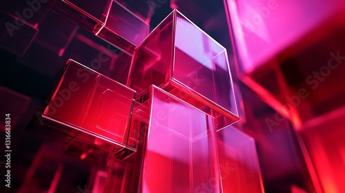 Futuristic tech wallpaper with translucent 3D blocks in hot pink and red