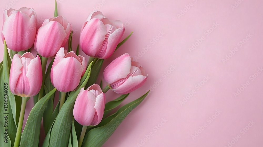 Fototapeta premium Soft pastel pink tulip blooms create a serene floral arrangement, ideal for wedding invitations, spring events, and Mother's Day cards with ample space for text.