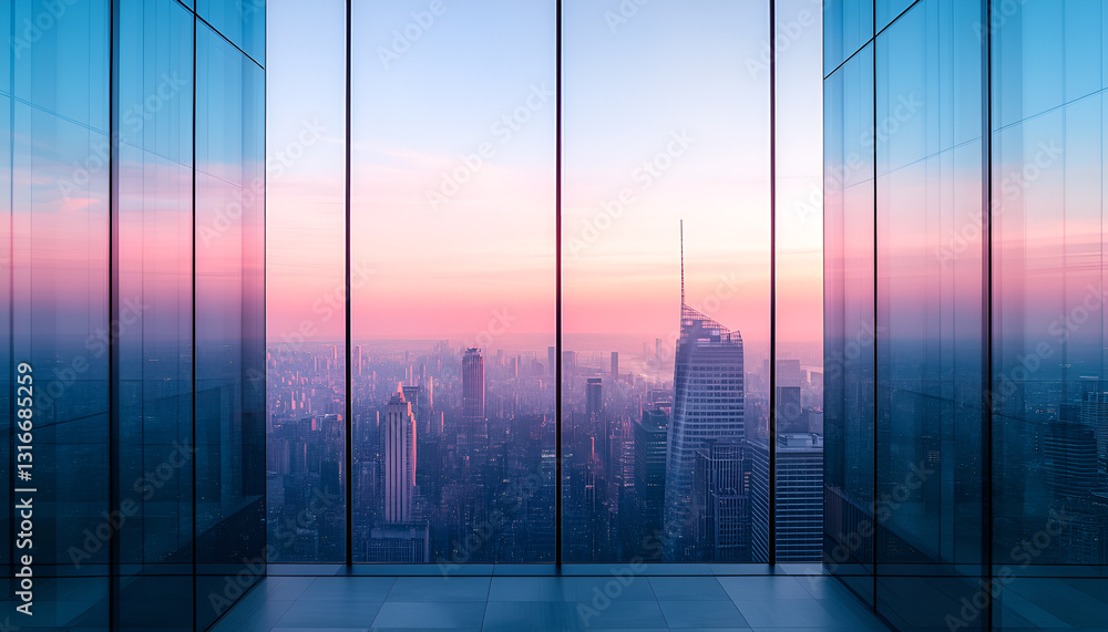 Fototapeta premium Panoramic city skyline through large windows at dawn