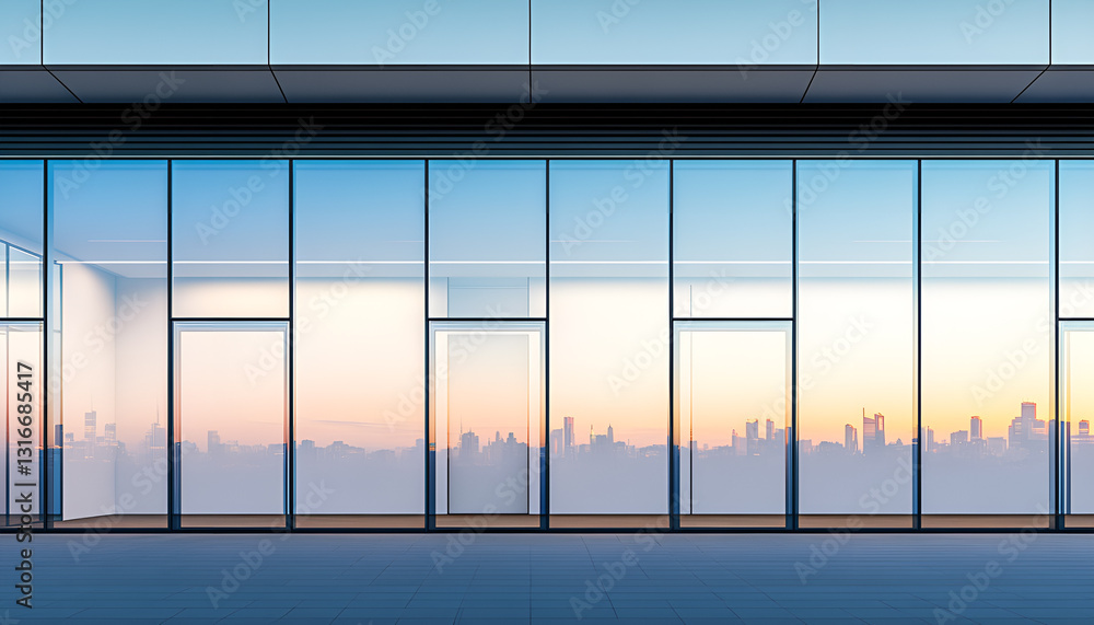 Fototapeta premium Panoramic city skyline through large windows at dawn