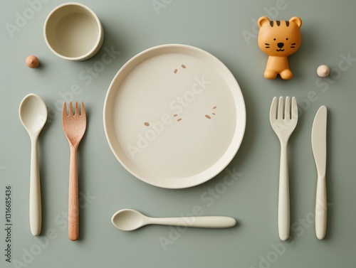 A playful arrangement of stylish children's tableware featuring cutlery, a plate, a cup, and a cute toy character.