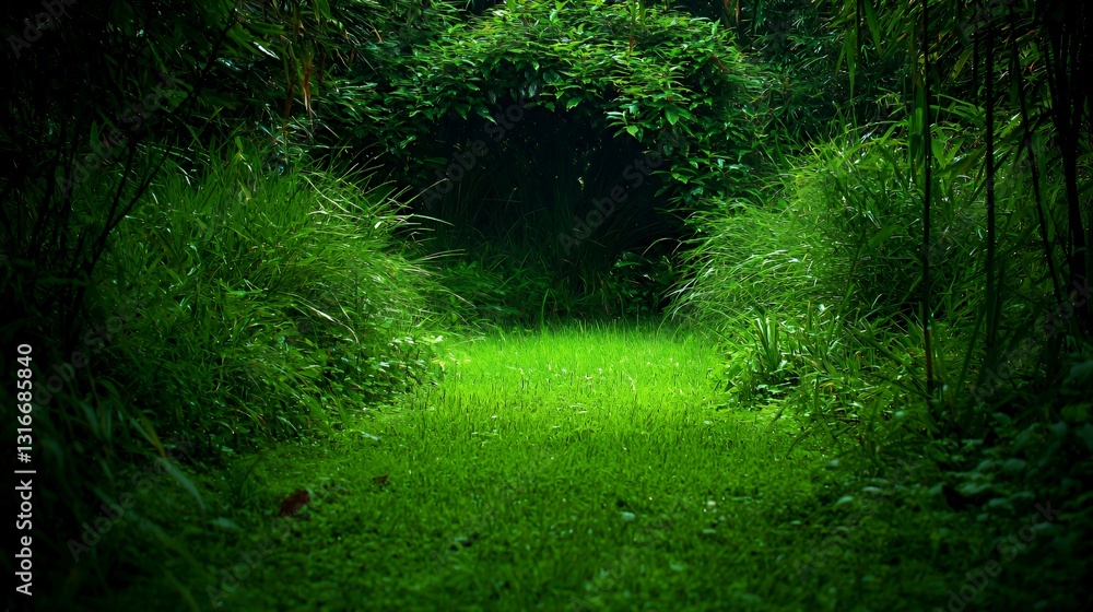 Fototapeta premium Enchanted Forest Path: Glowing Green Plants and Mysterious Shadows