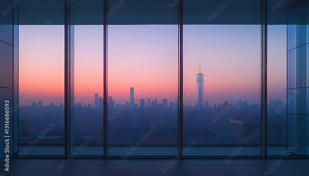 Fototapeta premium Panoramic city skyline through large windows at dawn