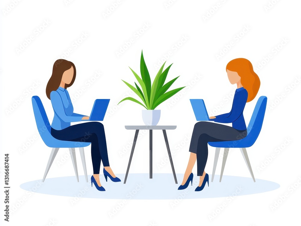 Fototapeta premium Two women working on laptops while seated in modern chairs with a plant