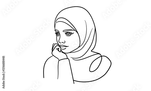 Young muslim woman in burqa, continuous line art drawin. Oriental girl in traditional clothes. Vector illustration isolated on white background 