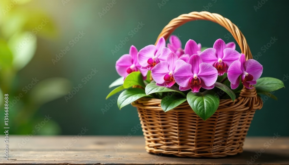 Obraz premium Wicker basket with an abundance of small orchids, small flowers, space constrained