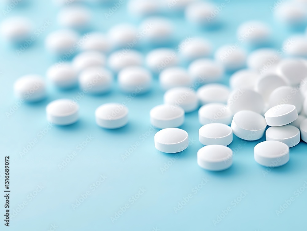 White pills scattered on light blue background. White pills scattered on light blue background.