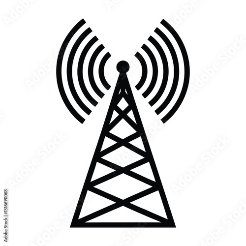 A black and white illustration of a communication tower emitting signal waves around it. Digital networks Graphic resource for design