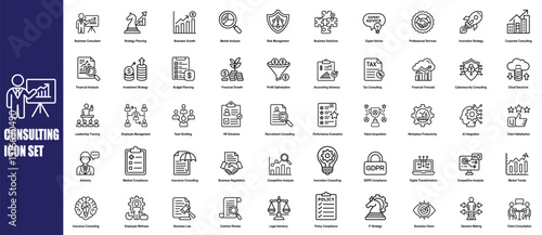 Consulting Icon Set. Business, Strategy, Finance, Marketing, IT, HR, Legal, and Advisory Icons for Corporate and Professional Services. Consulting Vector Outline Icon Set.