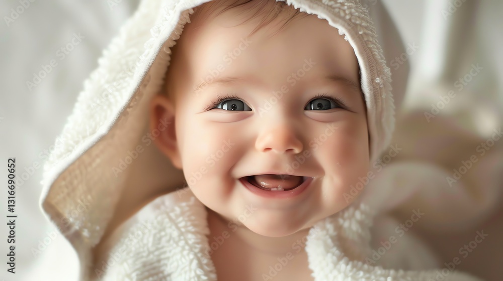 A baby wrapped in a white towel, smiling and looking at the camera. A baby wrapped in a white towel, smiling and looking at the camera.