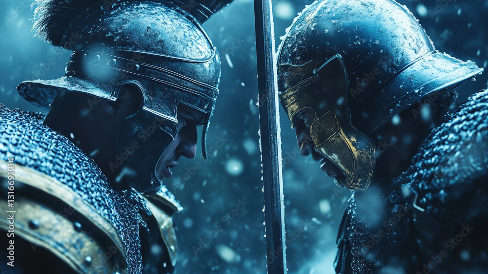 Epic medieval knight duel in snow, armored warriors fighting with swords, cinematic battle scene