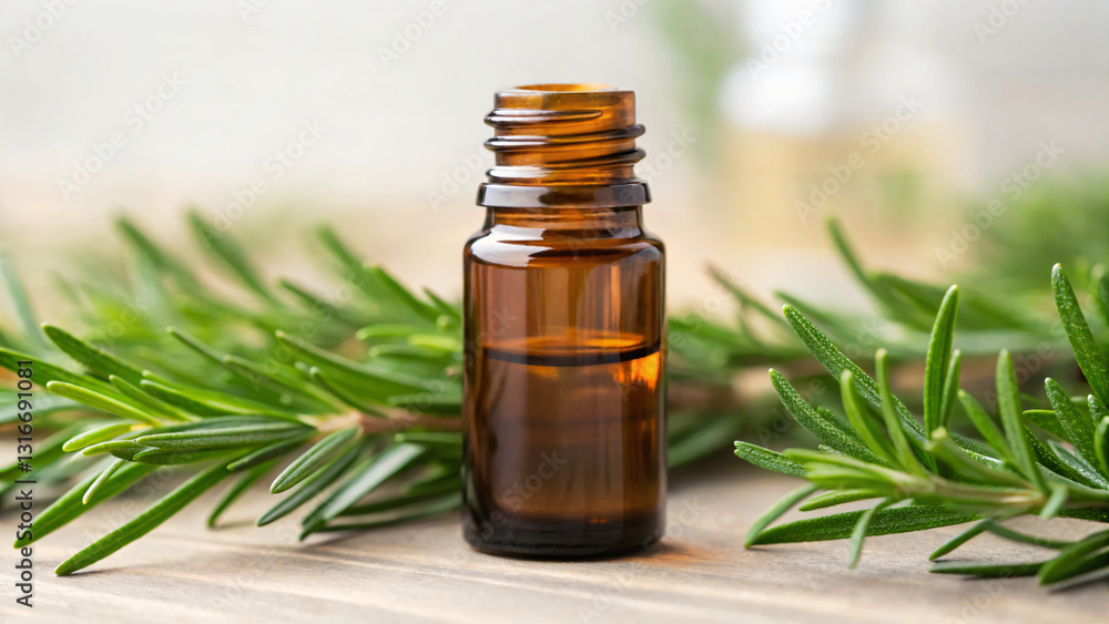 Essential Oil Bottle Surrounded by Fresh Green Rosemary Leaves on Wooden Surface Essential Oil Bottle Surrounded by Fresh Green Rosemary Leaves on Wooden Surface