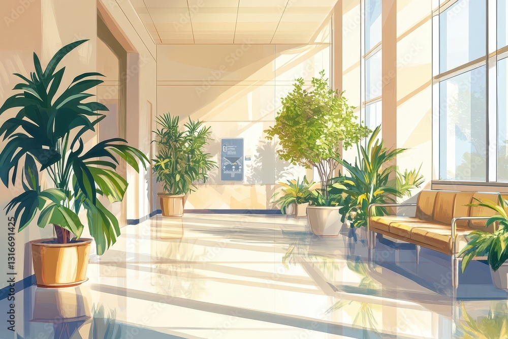 Fototapeta premium An interior hallway with natural lighting and potted green plants