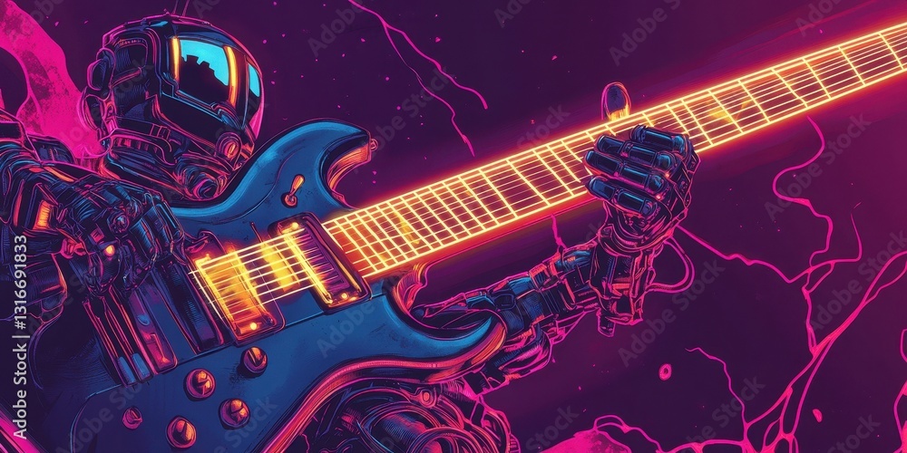 A futuristic robot plays an electric guitar with glowing strings A futuristic robot plays an electric guitar with glowing strings