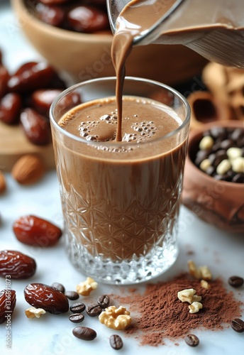 Rich Chocolate Drink Poured Into a Glass Surrounded by Ingredients in a Cozy ...