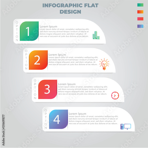 Four-option infographic; city background; process chart