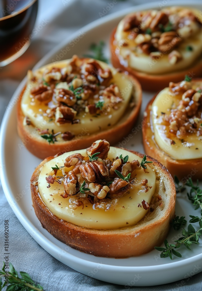 Delightful Toasted Bread Topped With Cheese, Pecans, and Herbs Served on a White Plate Delightful Toasted Bread Topped With Cheese, Pecans, and Herbs Served on a White Plate