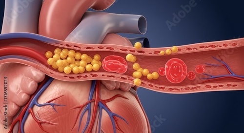 Illustration of a human heart and artery with blood cells and plaque buildup.