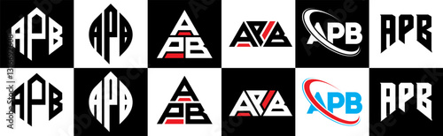 APB letter logo design in six style. APB polygon, circle, triangle, hexagon, flat and simple style with black and white color variation letter logo set in one artboard. APB minimalist and classic logo