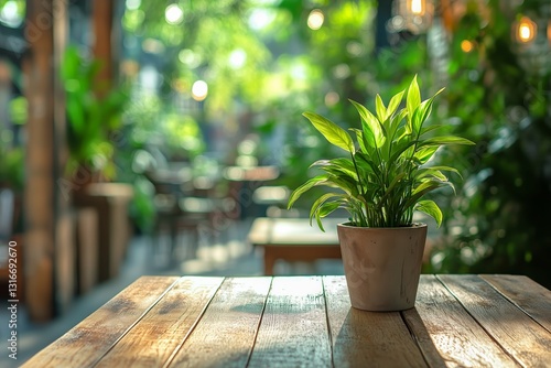 Green Plant in Ceramic Pot on Wooden Table in Cozy Indoor Setting