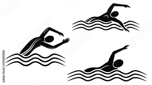 Set of Swimming Silhouettes Illustrating Different Swimming Strokes – Freestyle, Butterfly, Backstroke, and Breaststroke – Black and White Vector Icons
