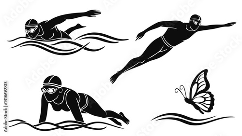 Set of Swimming Silhouettes Illustrating Different Swimming Strokes – Freestyle, Butterfly, Backstroke, and Breaststroke – Black and White Vector Icons
