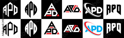 APD letter logo design in six style. APD polygon, circle, triangle, hexagon, flat and simple style with black and white color variation letter logo set in one artboard. APD minimalist and classic logo