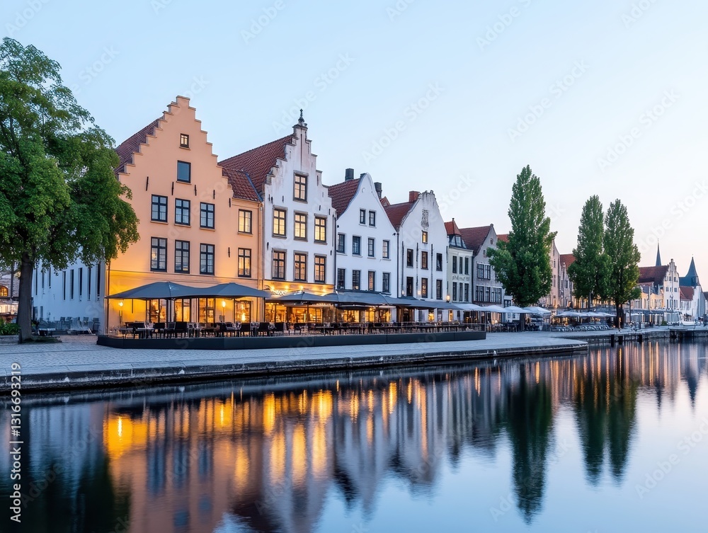 Serene evening at a picturesque canal-side restaurant in Bruges, reflecting buildings Serene evening at a picturesque canal-side restaurant in Bruges, reflecting buildings