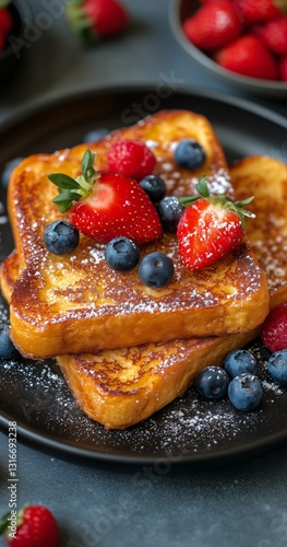 Deliciously Prepared French Toast Topped With Fresh Berries on a Black Plate