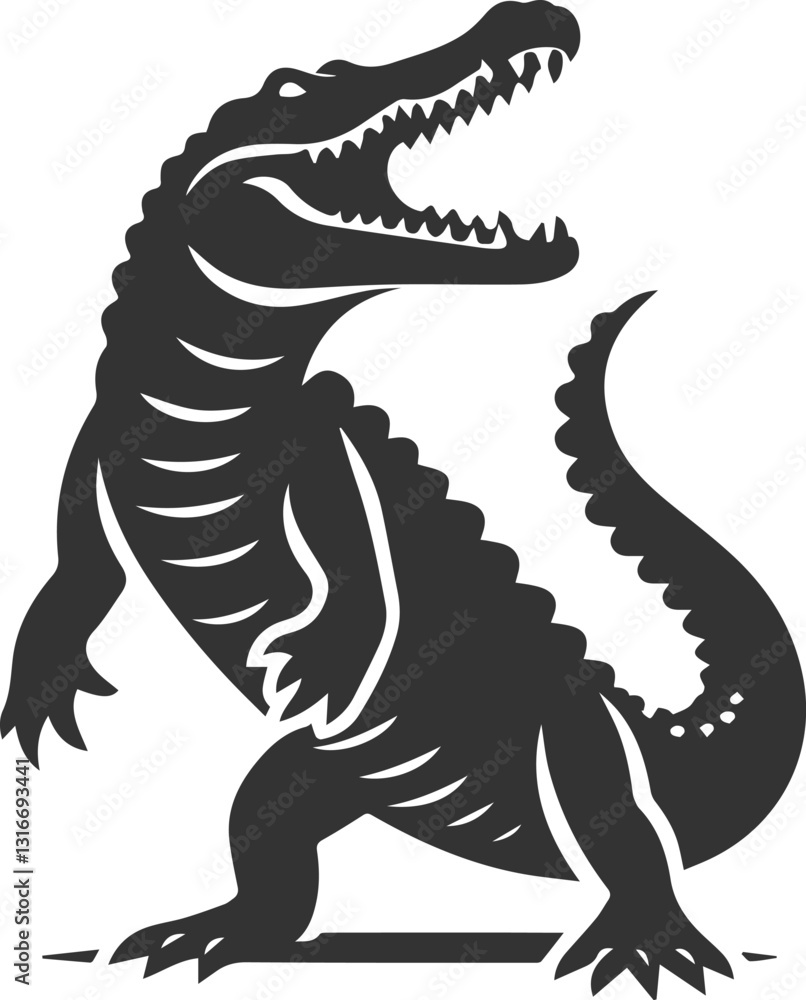 Crocodile standing on its hind legs and mouth wide open vector silhouette Crocodile standing on its hind legs and mouth wide open vector silhouette