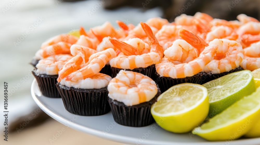 Delicious shrimp cupcakes with lime beach setting food photography Delicious shrimp cupcakes with lime beach setting food photography
