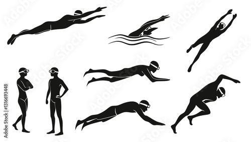 Set of Swimming Silhouettes Illustrating Different Swimming Strokes – Freestyle, Butterfly, Backstroke, and Breaststroke – Black and White Vector Icons
