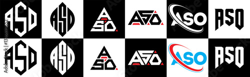 ASO letter logo design in six style. ASO polygon, circle, triangle, hexagon, flat and simple style with black and white color variation letter logo set in one artboard. ASO minimalist and classic logo