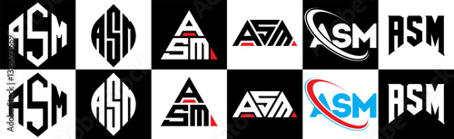 ASM letter logo design in six style. ASM polygon, circle, triangle, hexagon, flat and simple style with black and white color variation letter logo set in one artboard. ASM minimalist and classic logo