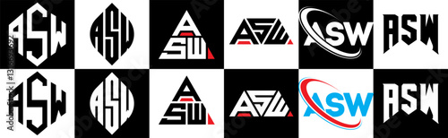 ASW letter logo design in six style. ASW polygon, circle, triangle, hexagon, flat and simple style with black and white color variation letter logo set in one artboard. ASW minimalist and classic logo