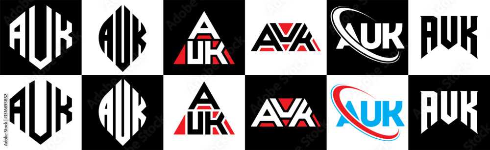 Obraz premium AUK letter logo design in six style. AUK polygon, circle, triangle, hexagon, flat and simple style with black and white color variation letter logo set in one artboard. AUK minimalist and classic logo