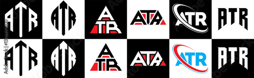 ATR letter logo design in six style. ATR polygon, circle, triangle, hexagon, flat and simple style with black and white color variation letter logo set in one artboard. ATR minimalist and classic logo