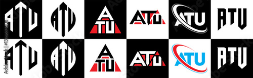 ATU letter logo design in six style. ATU polygon, circle, triangle, hexagon, flat and simple style with black and white color variation letter logo set in one artboard. ATU minimalist and classic logo