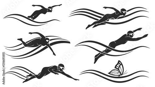 Set of Swimming Silhouettes Illustrating Different Swimming Strokes – Freestyle, Butterfly, Backstroke, and Breaststroke – Black and White Vector Icons
