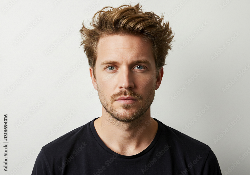 A young man with tousled blond hair, blue eyes, and light stubble, wearing a black t-shirt. He has a calm and confident expression against a plain white background. A young man with tousled blond hair, blue eyes, and light stubble, wearing a black t-shirt. He has a calm and confident expression against a plain white background.
