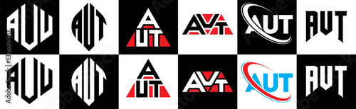 AUT letter logo design in six style. AUT polygon, circle, triangle, hexagon, flat and simple style with black and white color variation letter logo set in one artboard. AUT minimalist and classic logo